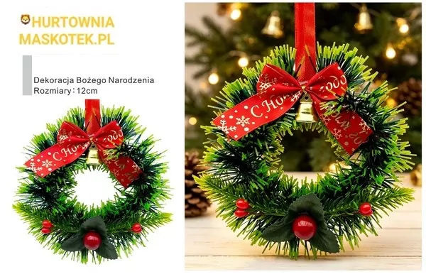 Wianek bożonarodzeniowy z czerwoną kokardą i dzwoneczkiem 12 cm